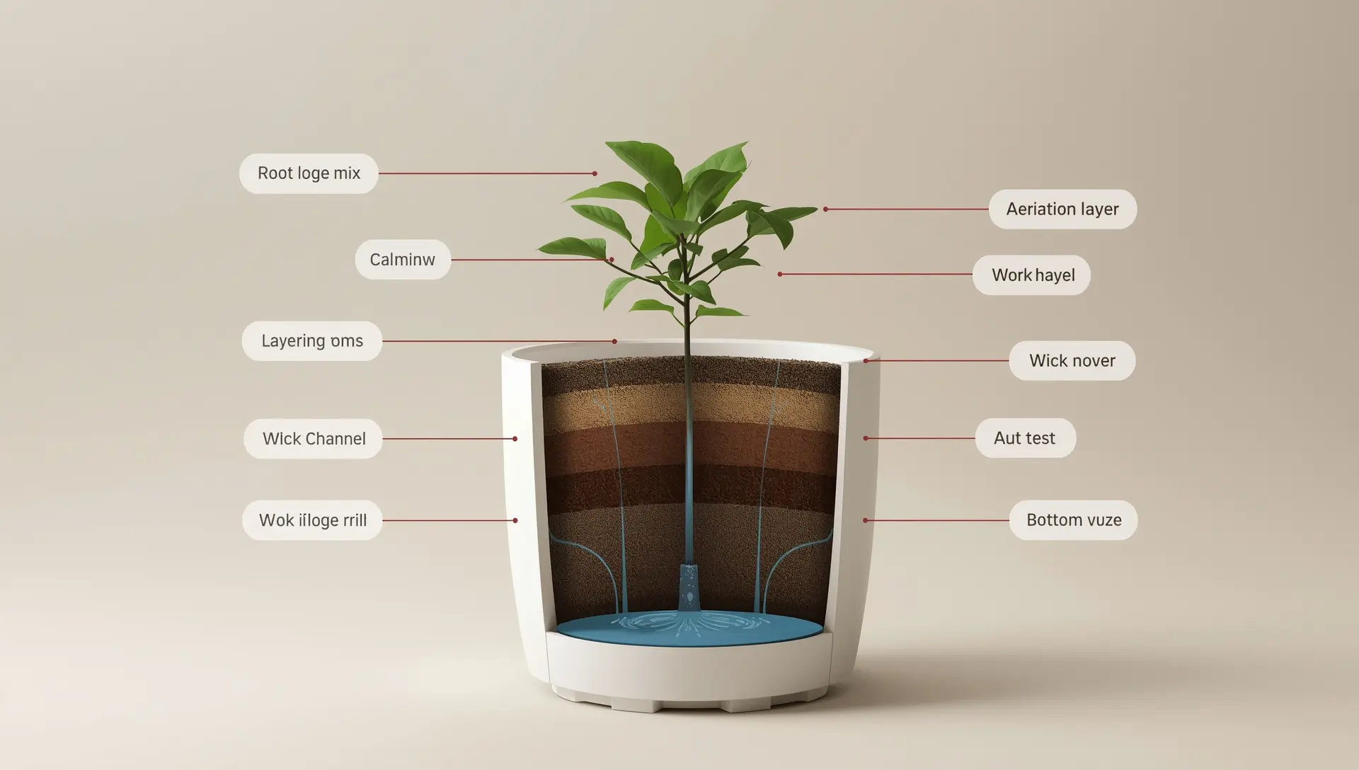 Cutaway diagram illustrating soil, wick, and water reservoir inside a self-watering planter