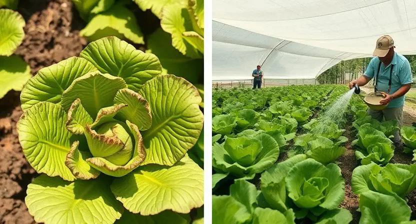Split image showing stressed lettuce vs healthy shaded lettuce.