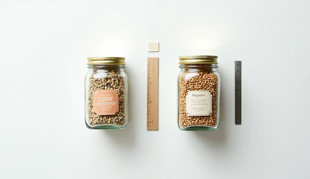Flatlay of two seed jars labeled quick mix and regular with a small comparison card.