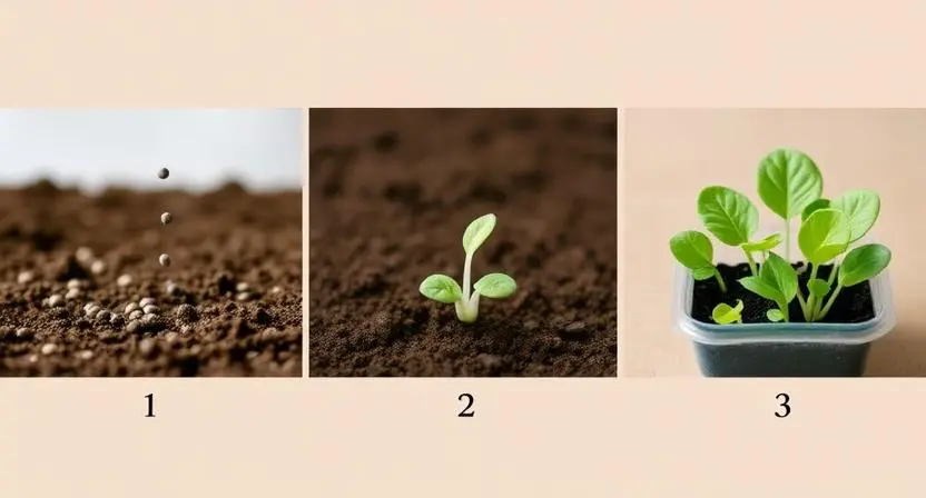 Three-stage collage: sowing seeds, seedlings, young lettuce plants.
