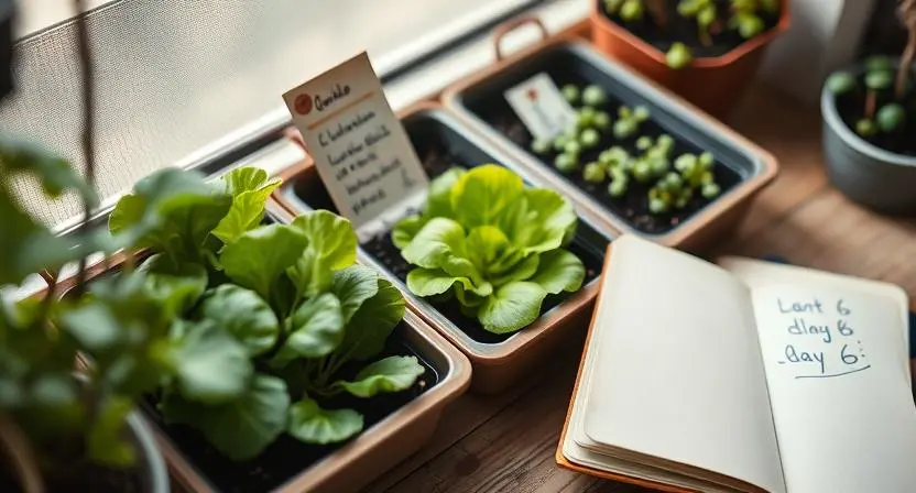 Balcony trays with different lettuce varieties and gardener notes.