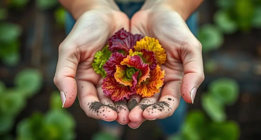 Hands holding fresh baby lettuce leaves.