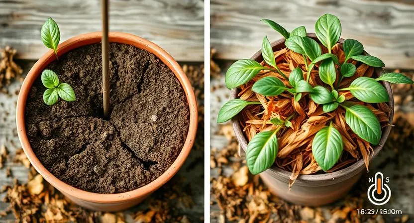 Side-by-side comparison: dry cracked soil in an unmulched pot (left) and moist soil with shredded-leaf mulch and healthy plant (right).