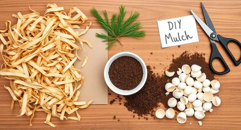 Flat lay of DIY mulch materials: shredded cardboard, pine needles, coffee grounds and crushed eggshells with gardening tools.