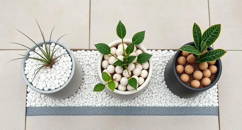Containers using inorganic mulches: white pebbles, LECA clay balls, and landscape fabric on the soil surface. Mulching Techniques to Retain Container Moisture.