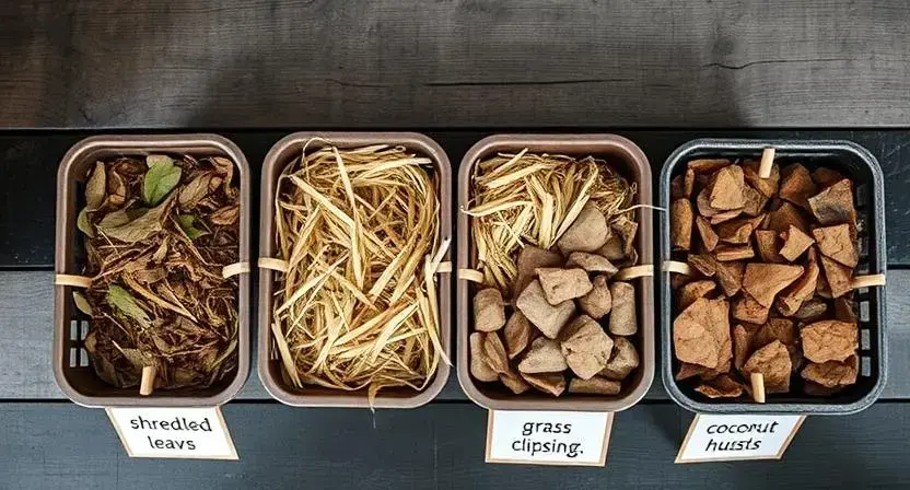Four containers showing shredded leaves, straw, grass clippings and coconut husk chips labeled for comparison. Mulching Techniques to Retain Container Moisture.