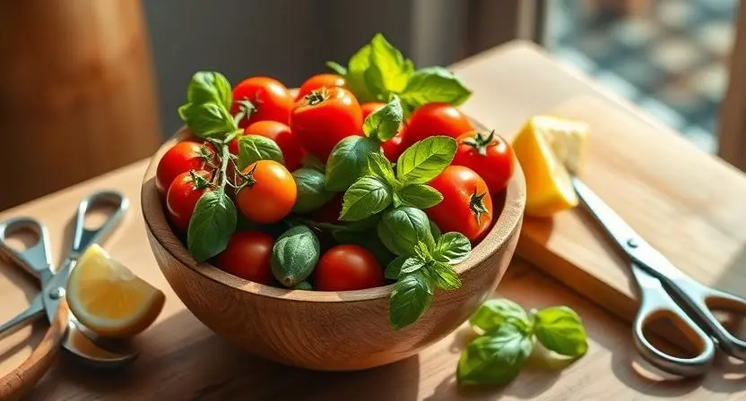 Wooden bowl of freshly harvested cherry tomatoes, lettuce, and basil from a small-space edible garden.