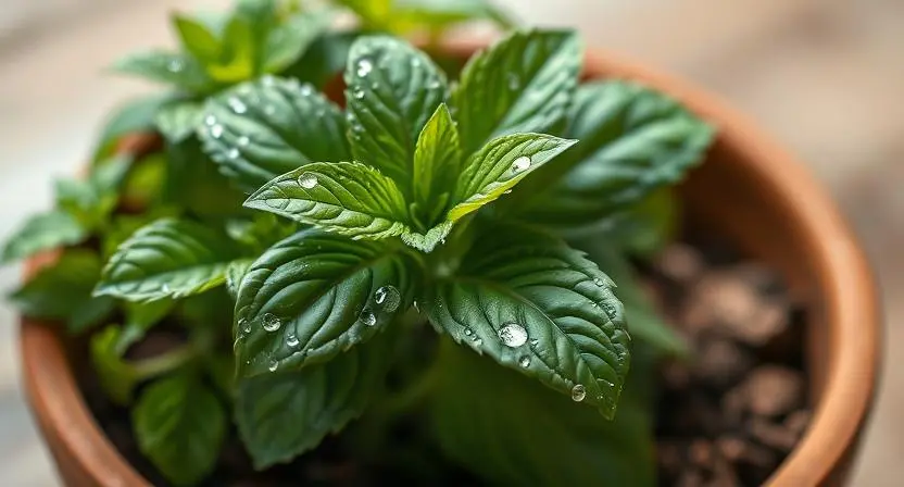 Close-up of basil, mint, and coriander growing together in a terra-cotta pot.