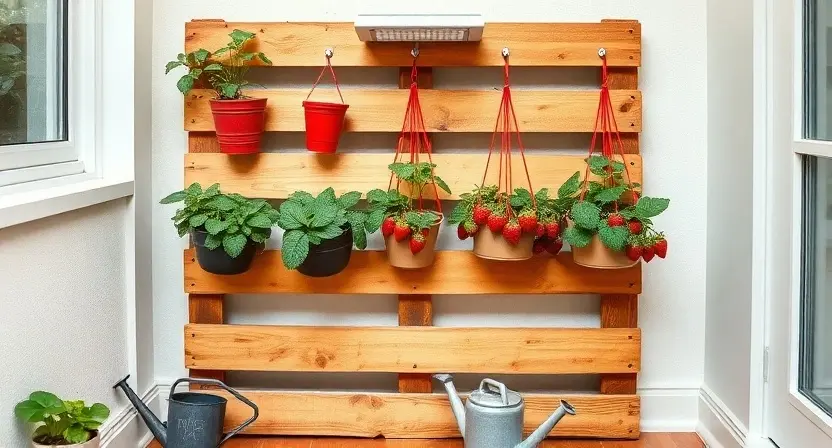 Bright, vertical-composition photo of a small-space edible garden using a wooden pallet wall rack with staggered pots and three hanging baskets of strawberries. Include a small LED grow light above and a watering can on the floor. Framed to show how vertical systems save floor space; slightly stylized but realistic.